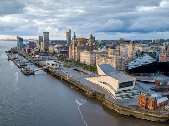 The Three Graces on Liverpool's waterfront seen from a cruise ship